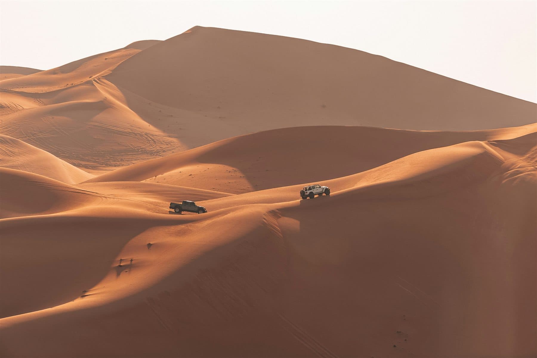Deux véhicules privés traversant les dunes dorées du désert de Dubaï